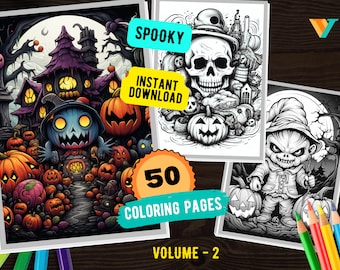 50 Pages Spooky Halloween Coloring Pages Vol. 2, Instant Download, Printable PDF, Horror Color Pages, Fantasy Coloring, Halloween Activity