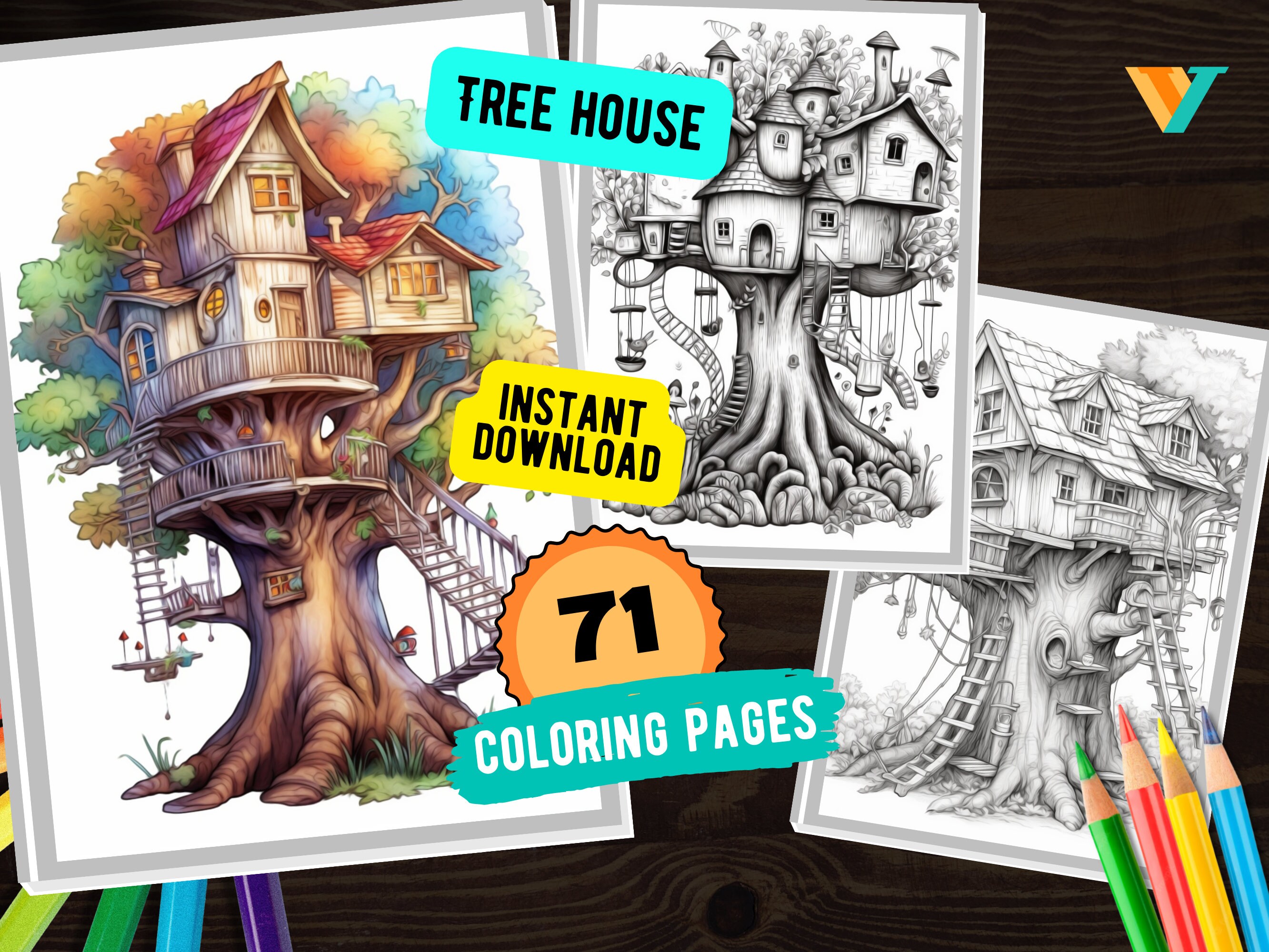 71-page Enchanted Treehouse Coloring Book for Adults and Kids, Magical ...