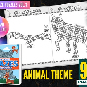 May include: A collection of animal-themed maze puzzles. The image features a book titled "Creative Mazes with Animals" and two maze examples: a maze of an eagle and a dog. The text "MAZE PUZZLES VOL.3" and "90 PUZZLES" are also visible.