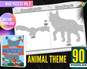 90 Tierförmige Labyrinth-Spiele Puzzle, Kinderaktivitäten Kits für Alter 6-12 & Erwachsene, Labyrinth-Aktivität druckbar, sofort herunterladbare PDF v3