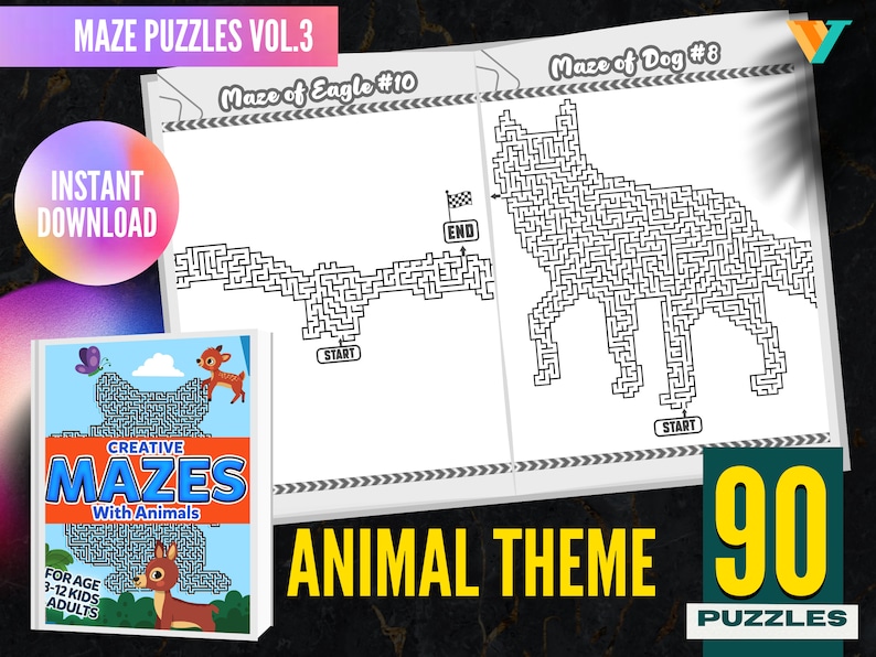 May include: A collection of animal-themed maze puzzles. The image features a book titled "Creative Mazes with Animals" and two maze examples: a maze of an eagle and a dog. The text "MAZE PUZZLES VOL.3" and "90 PUZZLES" are also visible.