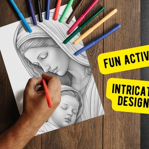 May include: A black and white coloring page featuring a detailed illustration of the Virgin Mary holding a sleeping baby. The page is titled "Fun Activity" and "Intricate Design".