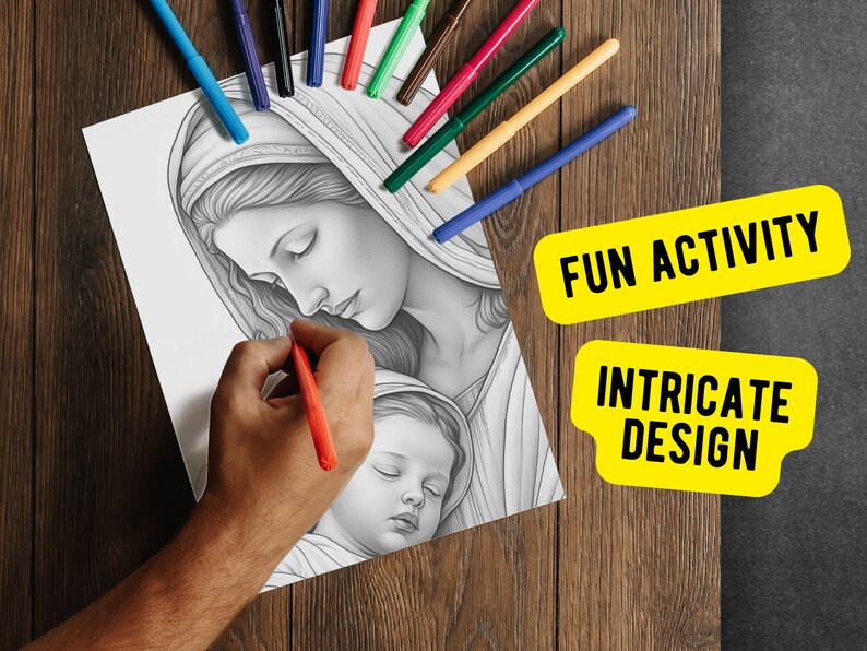May include: A black and white coloring page featuring a detailed illustration of the Virgin Mary holding a sleeping baby. The page is titled "Fun Activity" and "Intricate Design".