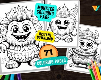 71 Pages Creepy Monsters Coloring Cute Monster To Color, Cute Halloween Gift for Kids, Kids Cute Monster Coloring Digital PDF Download Page