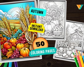 50 Autumn Fall Coloring Printable Pages, Instant Download, Fall Coloring Book, Autumn Coloring Page, Printable PDF, Activity Pages, Pdf File
