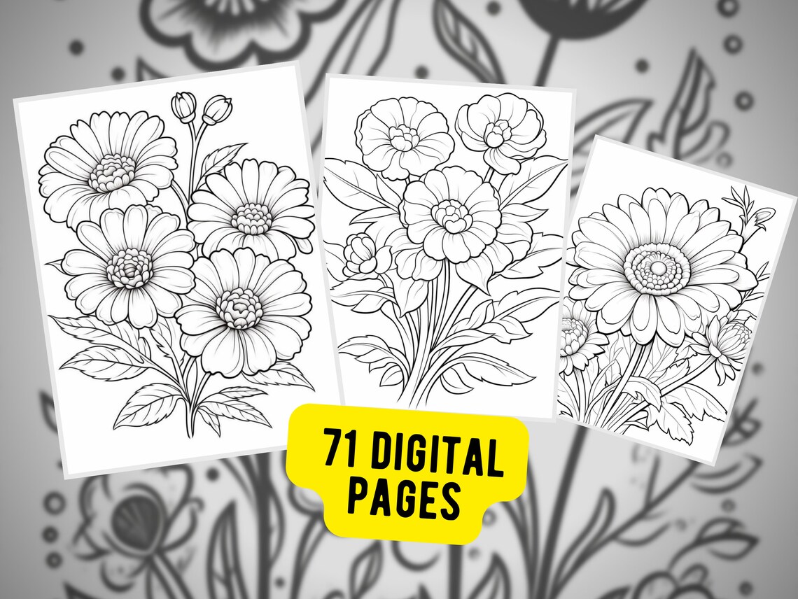 71 Flower Coloring Pages Vol. 2 Flower Bouquets and Vase - Etsy