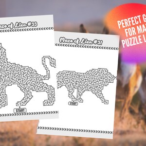 May include: Two white paper maze puzzles featuring lion shapes. The puzzles are titled "Maze of Lion #33" and "Maze of Lion #31" with a "START" label at the bottom. A colorful graphic reads "PERFECT GIFT FOR MAZE PUZZLE LOVER".
