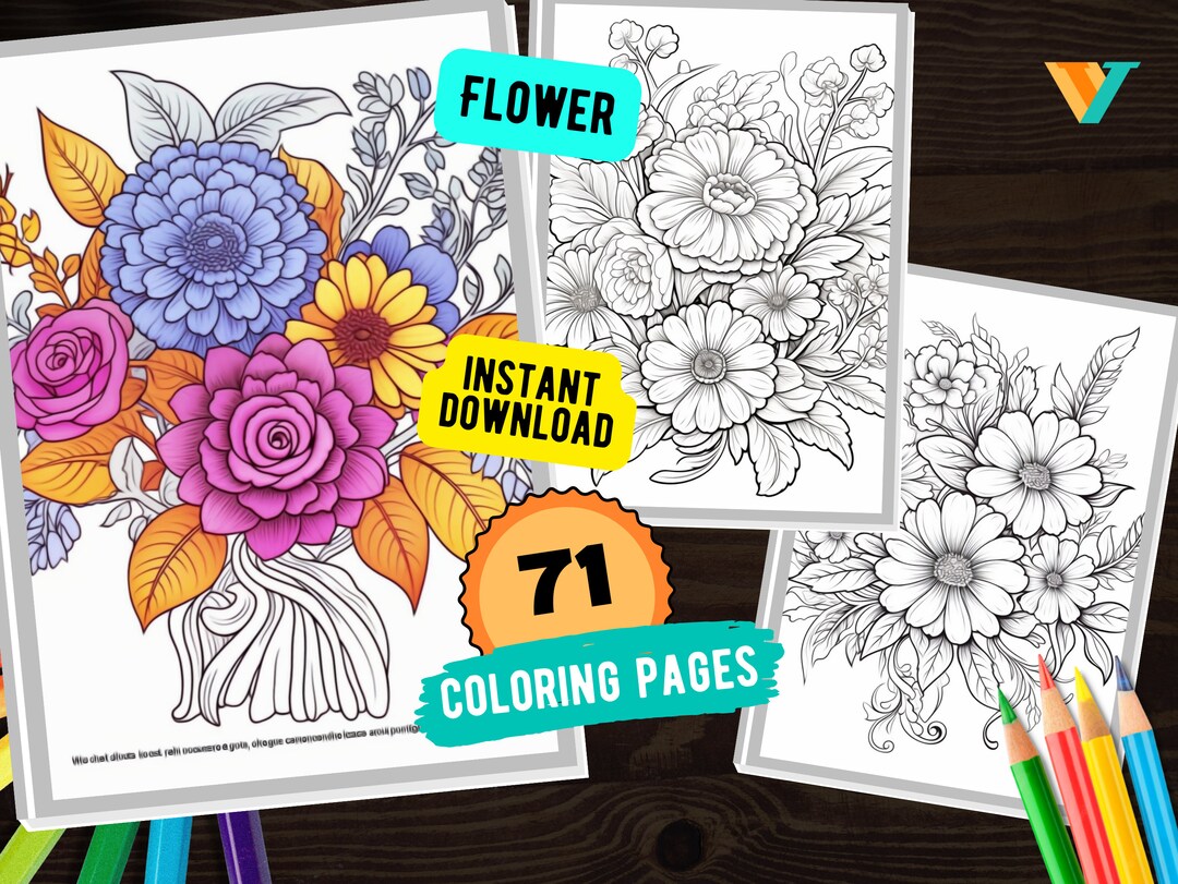 71 Flower Coloring Pages Vol. 1, Flower Bouquets and Vase, Printable ...