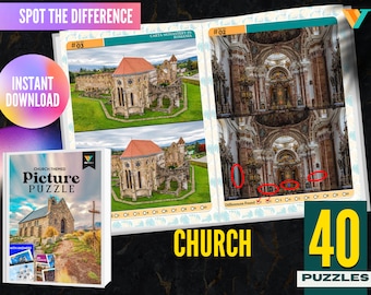 Christian Church Lover Spot The Difference Puzzle Printable PDF, House Of God, Find The Difference, Download Digital PDF File, Activity Book