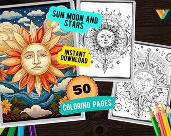Sonne Mond Sterne Färbung 50 Seiten, sofortiger digitaler Download druckbare PDF Einzigartiges Malbuch für kreative Reisen Celestial Malbuch