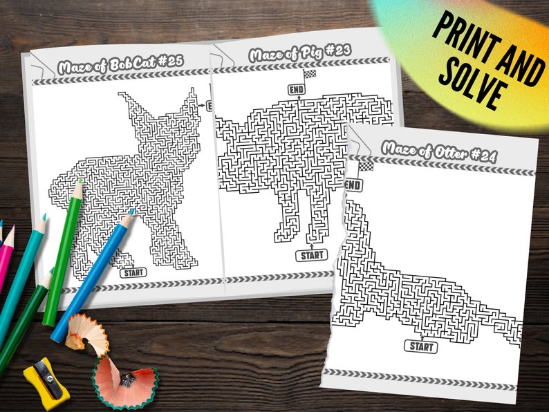 May include: A collection of three black and white maze puzzles featuring a bobcat, pig, and otter. The puzzles are labeled with numbers and start/end points. Colored pencils and a pencil sharpener are scattered around the pages. The text "PRINT AND SOLVE" is visible.