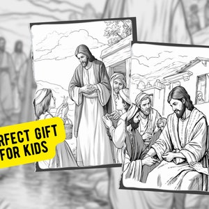 May include: Black and white line art coloring pages featuring scenes from the Bible. The first page depicts Jesus interacting with a woman holding a basket. The second page shows Jesus sitting with a group of people.
