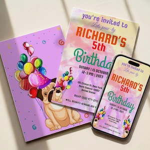 May include: A birthday invitation card and a smartphone displaying a digital invitation for Richard's 5th birthday. The design features a tan pug wearing a pink party hat, holding colorful balloons against a purple and watercolor background.
