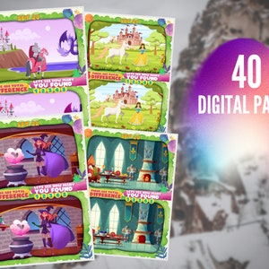 K&ouml;nnte beinhalten: Eine Sammlung digitaler Aktivit&auml;tsseiten mit farbenfrohen Illustrationen von Burgen, Prinzessinnen, Rittern und Hexen. Jede Seite enth&auml;lt ein "Finde den Unterschied"-Spiel mit dem Text "Let's see how many you found". Der Text "40 Digital Pages" ist ebenfalls sichtbar.