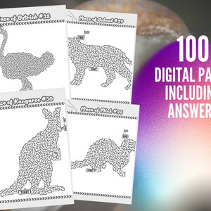 May include: Four white digital pages with black mazes shaped like an ostrich, bobcat, kangaroo, and mink. The text "100 DIGITAL PAGES INCLUDING ANSWERS" is displayed in white on a gradient background.
