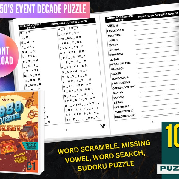 1950's Event Decade Puzzle Word game V1 100 Pages, Printable PDF, Instant Download, Word Scramble, Missing Vowel, Word Search, Sudoku Puzzle