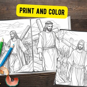 May include: Black and white coloring page depicting Jesus carrying a cross, surrounded by people, with the words "PRINT AND COLOR" in yellow at the top.