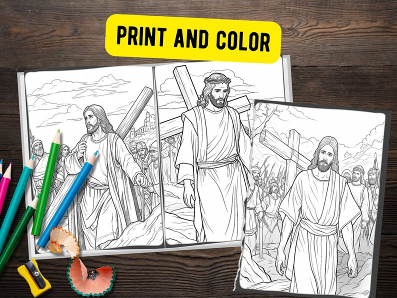 May include: Black and white coloring page depicting Jesus carrying a cross, surrounded by people, with the words "PRINT AND COLOR" in yellow at the top.
