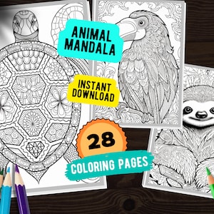 Dierenmandala: 28 kunstige kleurpagina's, dierenkleurboek voor volwassenen en kinderen, direct downloadbare afdrukbare pdf in grijstinten