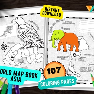 107 Seiten Asien Weltkarte Ausmalbilder Geographie Karte Malseiten mit Karte, Emblem, Tier und viele mehr für Kinder, Studenten