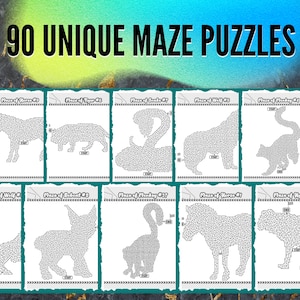 May include: A collection of ten white maze puzzle cards featuring animal shapes like a horse, tiger, snake, wolf, and monkey. The text "90 UNIQUE MAZE PUZZLES" is displayed at the top in black and white.