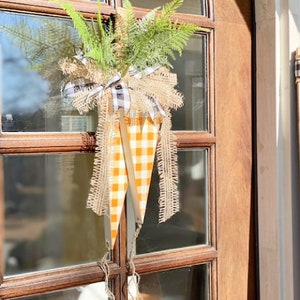 Easter Carrots Door or Wall Hanger, Seasonal Decorations, Spring Ornaments, Religious and Christian Holiday Item, Orange Buffalo Plaid Decor