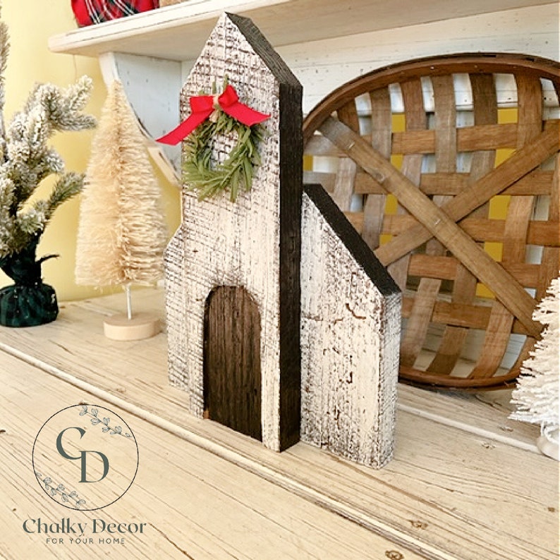 Barn Wood Primitive Christmas Church, White With Ebony Stained Roof and