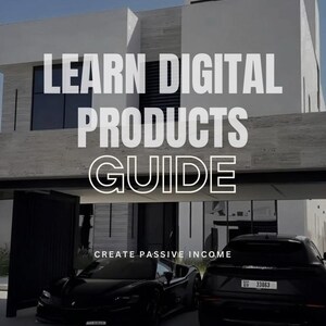 Puede incluir: Una casa moderna blanca de varios pisos con dos autos deportivos negros estacionados en la entrada. El texto superpuesto dice LEARN DIGITAL PRODUCTS GUIDE y CREATE PASSIVE INCOME en letras mayúsculas blancas sobre la fachada.