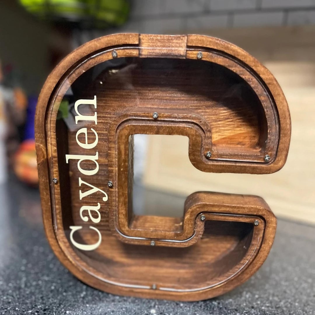 Personalized Wood Initial Coin Bank, Engraved Savings Box, Nursery ...