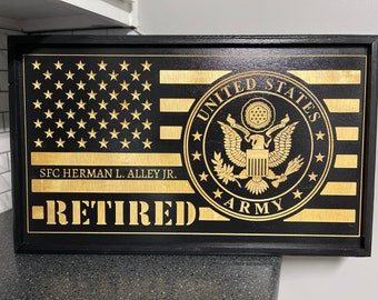 Personalized Army Flag / Retired Army Flag / Framed American Flag / Custom Army flag/ Engraved Flag