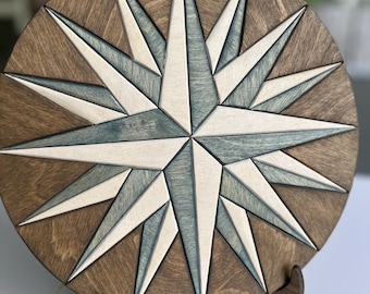 Geometric Compass RoHandcrafted Wood Compass Rose Wall Art – Nautical Decor | Rustic Coastal Home Accent | Engraved Star Compass Plaque