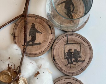 Coaster Set - Handmade Australian Timber Snowsports Design Coaster Set ( 4 Piece)