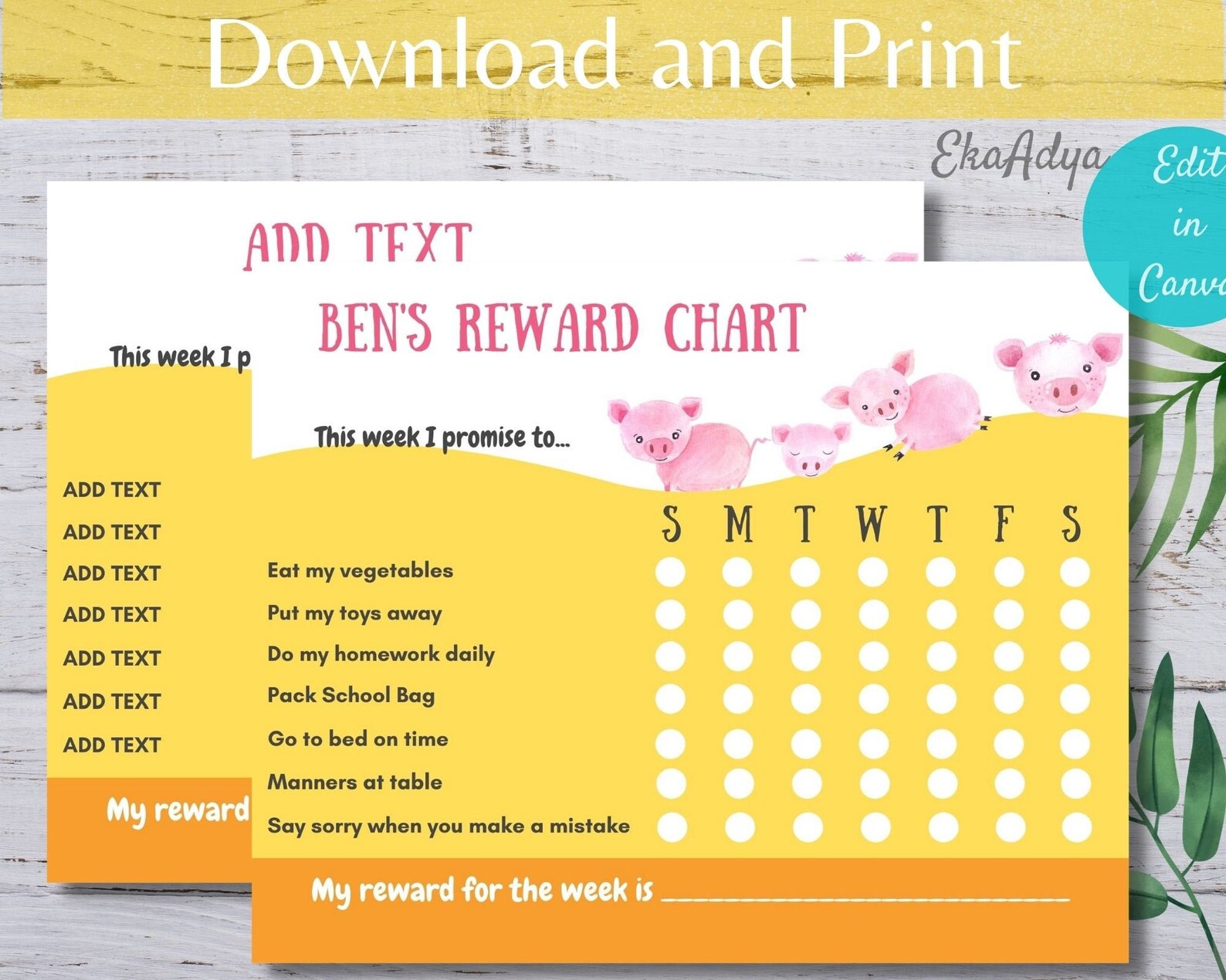 EDITABLE Pig Reward Chart Pig Behavior Chart Kids Chore | Etsy