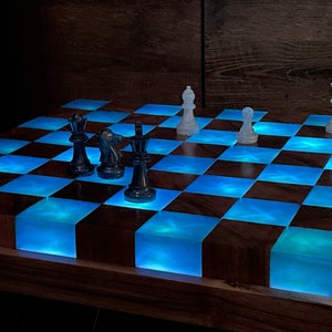 Handmade Large illuminated Chess set, epoxy resin chess,unique chess, custom chess board, resin chess board, chess gifts, chess board modern