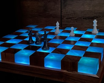Handmade Large illuminated Chess set, epoxy resin chess,unique chess, custom chess board, resin chess board, chess gifts, chess board modern
