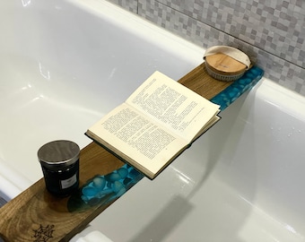 Planche de bain personnalisée en résine époxy, plateau de baignoire avec porte-vin, planche de bain en bois, plateau de baignoire, caddie en bois de baignoire avec reisen époxy