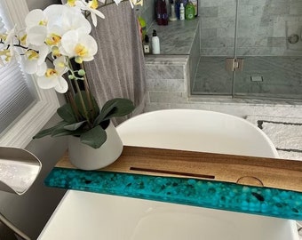 Epoxy resin bathroom tray, wood bath tray, handmade tub tray, funky bathroom decor, wood 5 year anniversary gift for him, bathtub tray