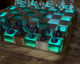 Handmade Large illuminated Chess set, epoxy resin chess,unique chess, custom chess board, resin chess board, chess gifts