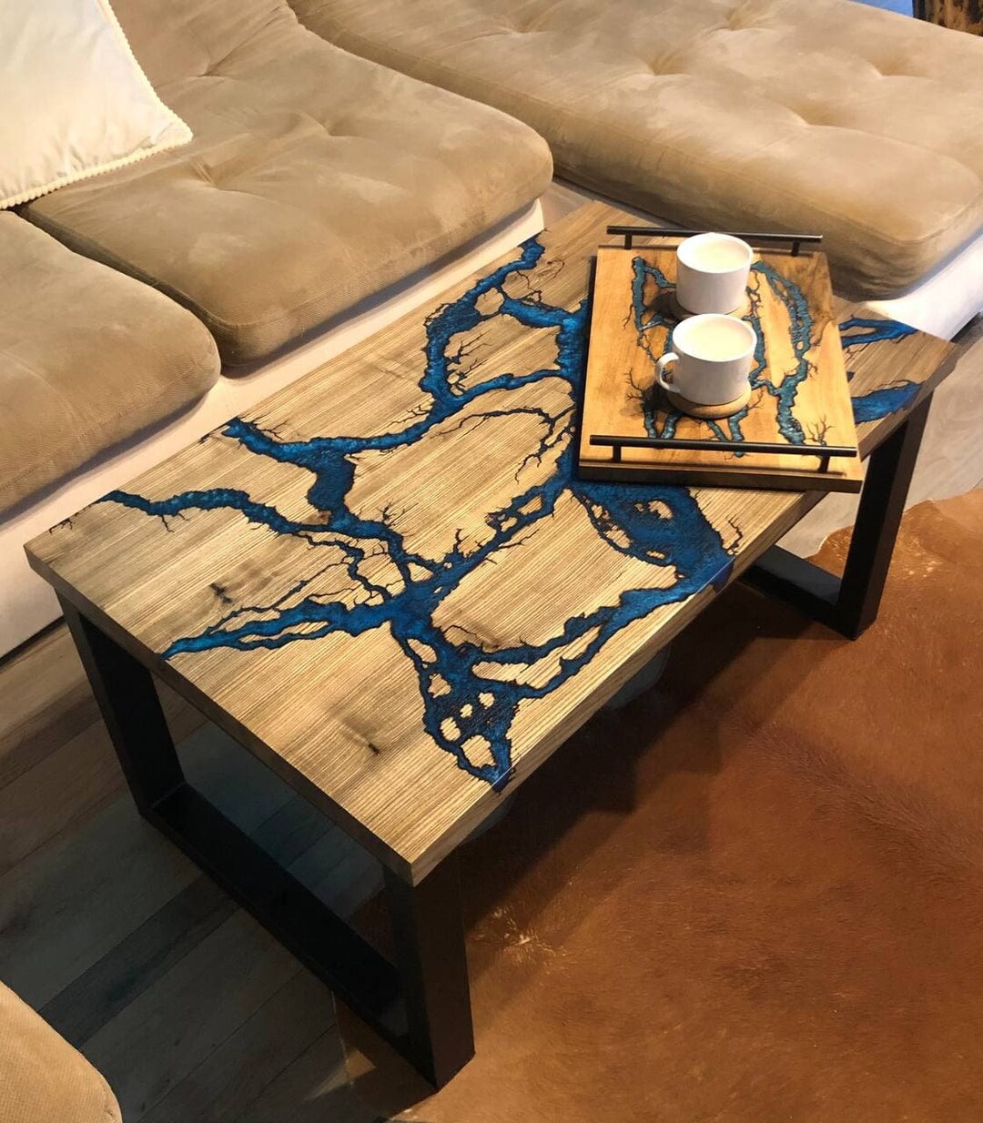 Handmade Epoxy Coffee Table: Stained Ash Wood, River Design - Etsy