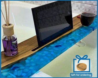 Epoxy resin custom bath board, bathtub tray with wine holder, wooden bath board, bathtub tray, bathtub wooden caddy with epoxy reisen