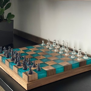 Handmade Large illuminated Chess set, epoxy resin chess,unique chess, custom chess board, resin chess board, chess gifts, chess board modern