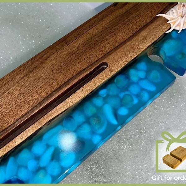 Resin tray, bathroom tray, walnut wood product, laser cut tray, tub tray, bath tray, bath caddy, bathtub tray, handmade gift, epoxy resin