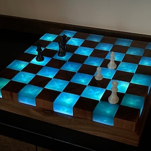 Handmade Large illuminated Chess set, epoxy resin chess,unique chess, custom chess board, resin chess board, chess gifts, chess board modern