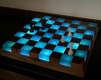 Handmade Large illuminated Chess set, epoxy resin chess,unique chess, custom chess board, resin chess board, chess gifts, chess board modern