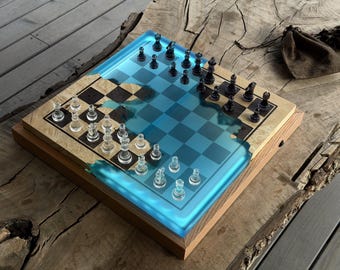 Juego de ajedrez y backgammon de madera de lujo / Tablero de resina epoxi hecho a mano / Juego de viaje personalizado / Opción LED / Regalo para él