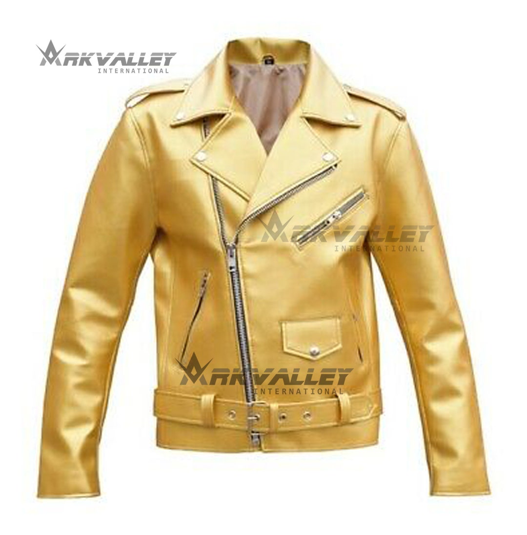 Men Moto Jacket Gold PVC Vinyl Jacket Stylish Motorcycle Jacket Punk