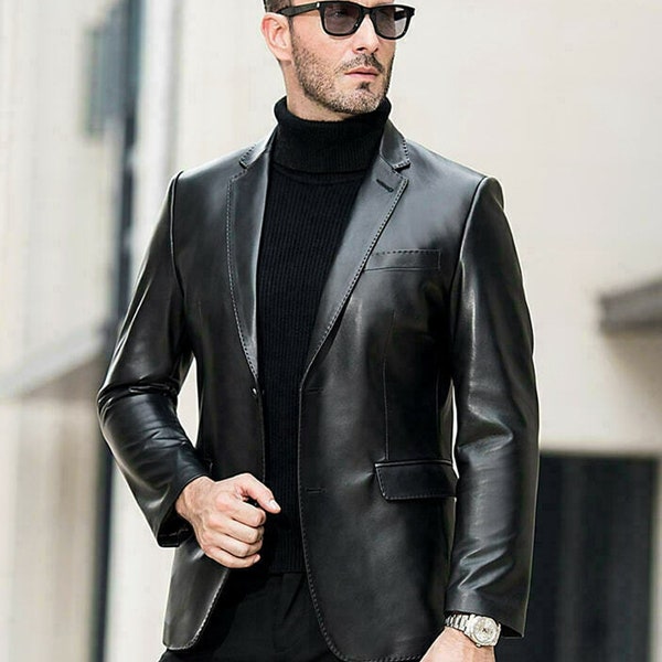 Veste blazer pour homme en cuir d'agneau véritable à deux boutons noir manteau slim fit manteau mode manteau doué manteau de bal Une qualité