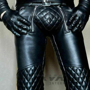 Pantalones de motociclista con estilo de cuero de vaca real  para hombre, cordones delanteros y laterales, pantalones de cuero de moto,  Negro - : Ropa, Zapatos y Joyería
