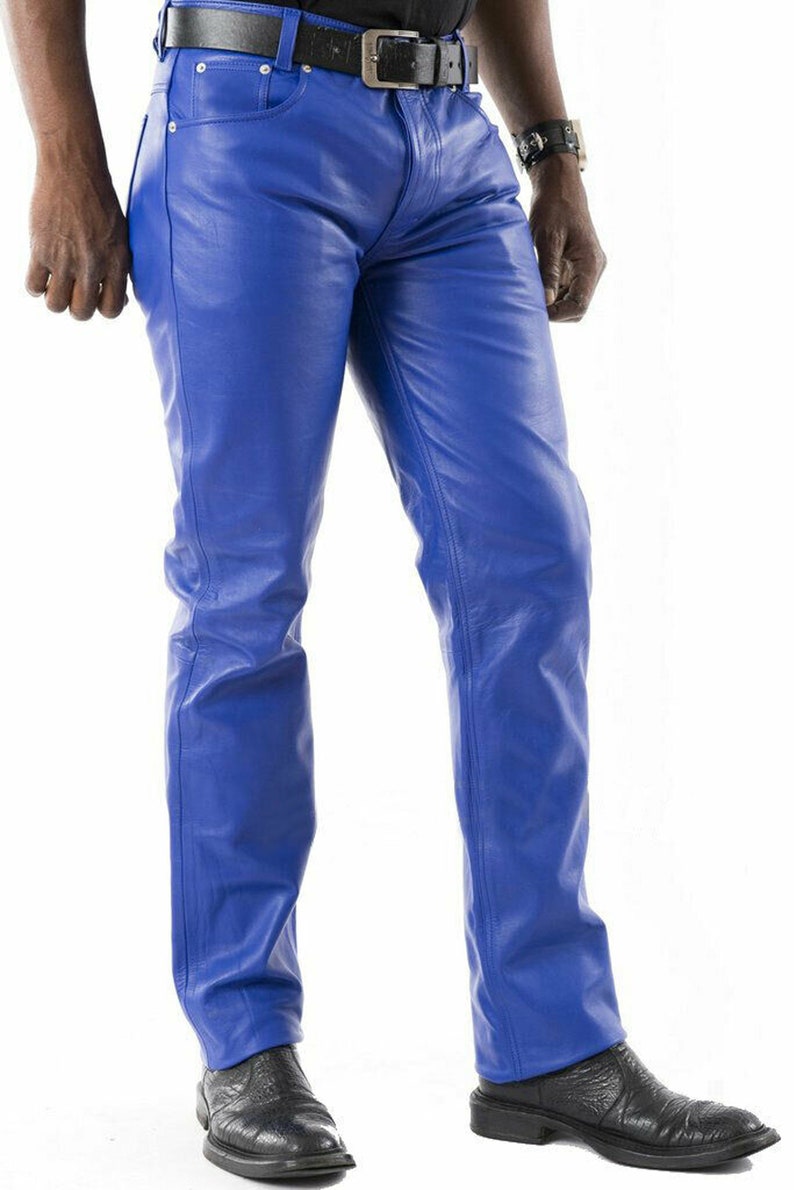 New Men's Genuine Sheep Skin Leather pants Real Leather Skin Fit Pants Leather Jeans Royal blue  Pants Gift for Men - Handmade A Quality