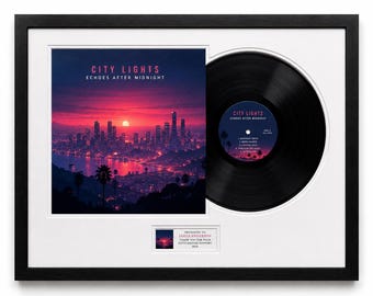 May include: A framed display featuring a black vinyl record and a square print titled City Lights Echoes After Midnight. The artwork shows a sunset over a city skyline with palm trees. A small plaque reads Presented to James Anderson 2024.